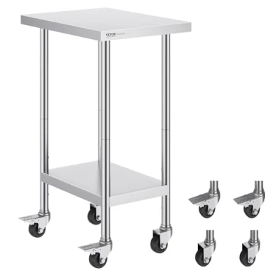 Imagen de VEVOR Mesa de Trabajo Acero Inoxidable 610 x 457 954,6 mm Preparación Alimentos con 4 Ruedas Cocina Estante Ajustable en Altura para Restaurante Bar Garaje al Aire Libre