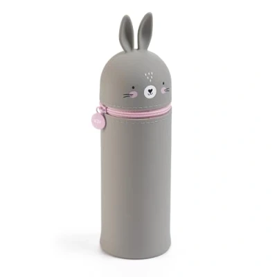 Imagen de Back2Fun Portatodo Cubilete Conejo, Estuche Escolar un Compartimento, Extensible, de Silicona Textura Suave, Cierre Cremallera, Color Gris