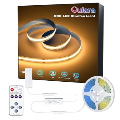 Imagen de OULARA tira led COB blanco cálido 2700K,10M Regulable 24V de luces con RF Remoto y Alimentación,CRI90+ Flexible Strip para decoración del hogar,Función Temporizador