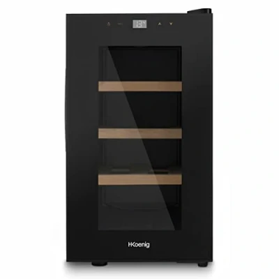 Imagen de H.Koenig Bodega de 8 Botellas AGE8, 23 L, Acero Inoxidable Profesional, Refrigeración, Termoeléctrica, Regulable 8C a 18C, Silenciosa, Iluminación Interior, 3 Estantes, Negro
