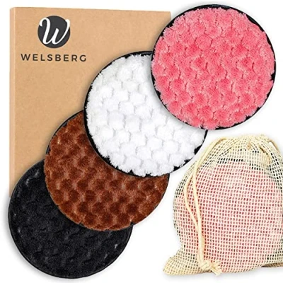 Imagen de Welsberg 4x Almohadillas Desmaquillantes Reutilizables, Toallitas Faciales Lavables a Máquina, Paño Suave de Limpieza Microfibra, Esponjas ecológicas para el Cuidado Facial con Bolsa Lavandería
