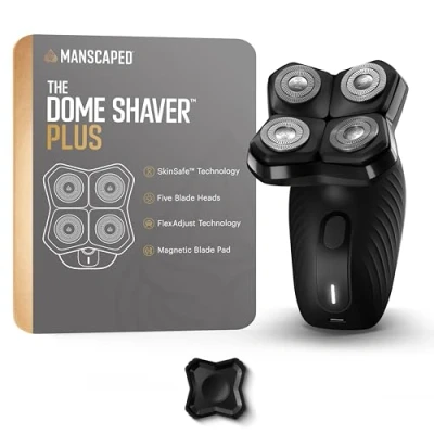 Imagen de MANSCAPED® The Dome Shaver™ Plus Afeitadora de cabeza para hombre, cuatro cuchillas giratorias doble pista con tecnología SkinSafe® y FlexAdjust, impermeable, carga USB C, almohadilla magnética