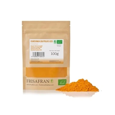Imagen de FRISAFRAN cúrcuma en Polvo BIO de molida Digestivo Ayuda al rejuvenecimiento Curcuma pura especia sin aditivos Suplemento Origen India 100g