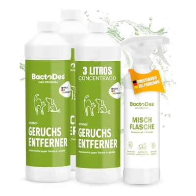 Imagen de BactoDes Eliminador de Olor Mascota 3L Concentrado con Botella mezcladora en Spray Potente Limpiador enzimático Efecto biomicrobiano Mascotas para orina Gato, Perro, etc