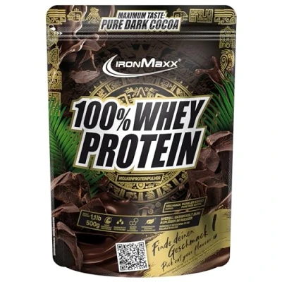 Imagen de IronMaxx 100% proteína de suero en polvo Chocolate Ecuatoriano Negro bolsa 500g a base leche reducida azúcar, soluble agua