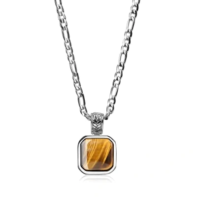 Imagen de COAI Collar para Mujer con Cadena Figaro en Acero Inoxidable y Colgante Cuadrado de Ojo Tigre Piedra Natural