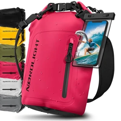 Imagen de Nordlight Bolsa Estanca Impermeable + Funda para Móvil, Cierre Enrollable, Correa Hombro Drybag Mochila Saco Estanco de Transporte Náutica Playa Sup Rosa, 20 litros