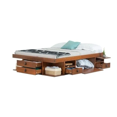 Imagen de Cama Funcional Bali de 160x200 cm Oak, con Mucho Espacio Almacenamiento y cajones, Ideal para dormitorios pequeños Madera Pino Maciza somier láminas