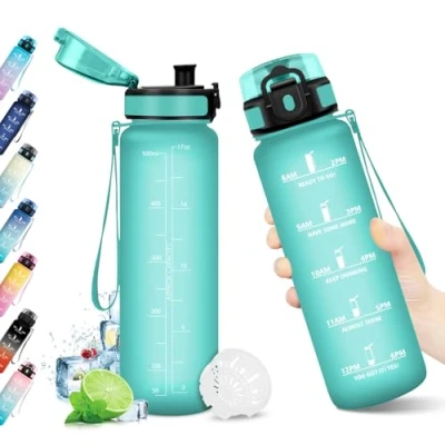 Imagen de Cantimplora 500ml, Botella con Filtro, Deportiva Antiderrame Reutilizable, de Agua Marcador Tiempo, sin BPA para Niños, Running, Cámping, Oficina, Bicicleta, Fitness
