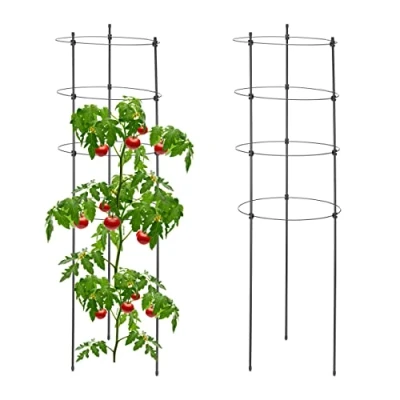 Imagen de Relaxdays Set 2 Jaulas Plantas Trepadoras con 4 Anillos, Metal y Plástico, Tutores Tomates 90cm, Soporte Flores, Negro