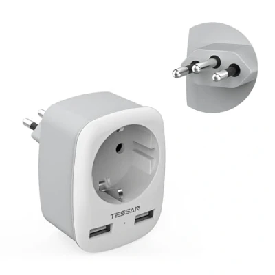 Imagen de TESSAN 3 en 1 Adaptador Enchufe Brasil, de Viaje Brasil con 2 USB, Tipo N Europa a Sudáfrica