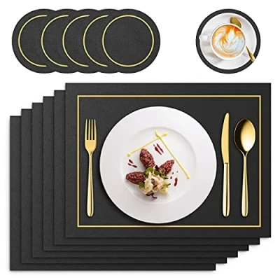 Imagen de RIWNNI Manteles Individuales de Cuero PU, Juego 6 Mantel Individual y Posavasos, Lavables Antimanchas Antideslizante Salvamanteles Individuales, 41x31cm Rectangulares Salvamanteles, Negro