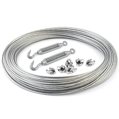Imagen de COJUNTO 25m cuerda de alambre galvanizado 8mm hebra: 6x19 + 6 abrazaderas 2 tensores ojetes/gancho