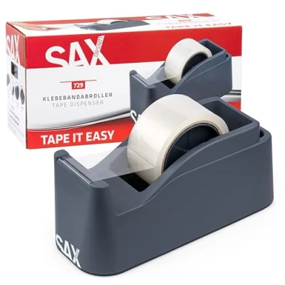 Imagen de SAX Tape it Easy XXL dispensador de cinta manual extra pesado para 1x 50mm o 2x 25mm, paquetes con función porta bolígrafos, antideslizante, antracita