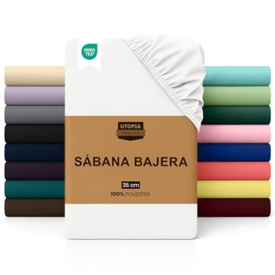 Imagen de Utopia Bedding Sabana Bajera 140x200 Blanco Bolsillo Profundo Microfibra de Poliéster Cepillado (Cama 140)
