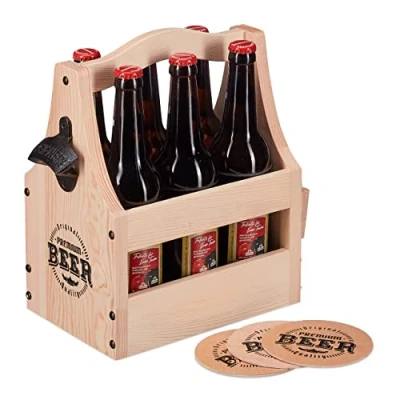 Imagen de Relaxdays Portabotellas Madera, Portacervezas con Abrebotellas, Cajón para 6 Botellas Cerveza, Regalo Día Padre, Marrón, Hierro, 28 x 27,5 15 cm