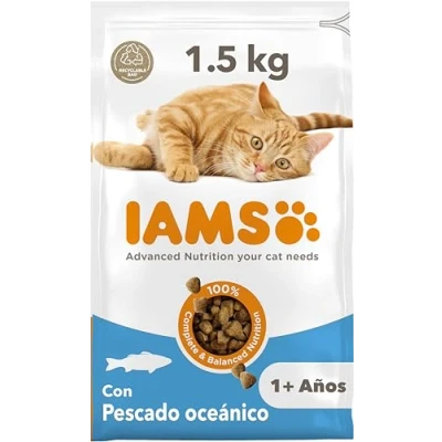 Imagen de IAMS Alimento seco para gatos con pescado oceánico, comida seca adultos de más 1 año, 1,5 kg