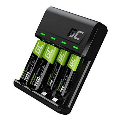 Imagen de Green Cell VitalCharger Cargador + 2 Pilas AA de 2000 mAh AAA 800 para NI MH R6 R03 Mignon. con Micro USB C. Sistema Carga 4 Canales 1 a o AAA, señal LED