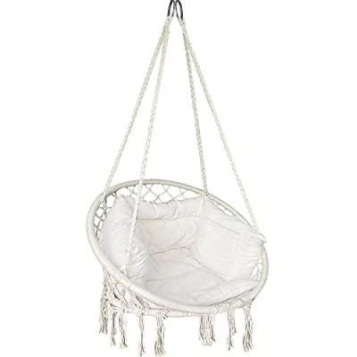 Imagen de VOUNOT Silla Colgante Exterior con Flecos, Hamaca Conjines y Kit de Suspensión, Ø80cm Columpio para Interior Exterior, Beige