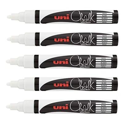 Imagen de Uni Ball Mitsubishi Pencil Rotuladores de tiza Chalk Marker PWE 5M Multiuso Resistente a la lluvia Ideal cristal espejo pizarra Punta cónica media Lote 5 Blanco