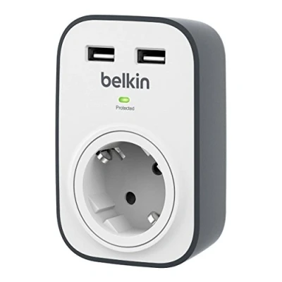 Imagen de Belkin SurgeCube Regleta de protección contra sobretensiones con 1 enchufe, montable en la pared, 2 puertos, hasta 306 julios USB, blanco