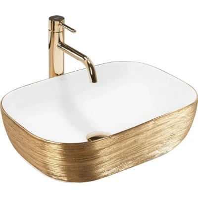 Imagen de Rea Lavabo sobre Encimera Belinda Blanco GOLD BRUSH de baño 33 x 46 13,5 cm Cerámica (Blanco/Oro)
