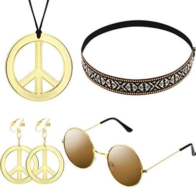 Imagen de WILLBOND 4 Piezas Set de Accesorios Disfraces Hippie para Mujer los Años 70 Gafas Sol Hippies Pendientes Collar con Signo la Paz Diadema Bohemia Fiesta Halloween Carnaval 60