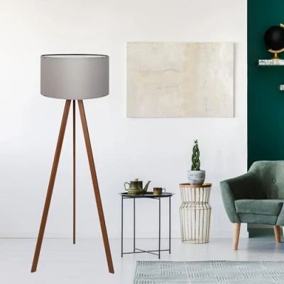 Imagen de lux.pro Lámpara de Pie Trípode Luz Iluminación Salón 1xE27 20 W MDF 100% Poliéster 21 x Ø 38 cm Altura 140 Efecto Madera/Gris