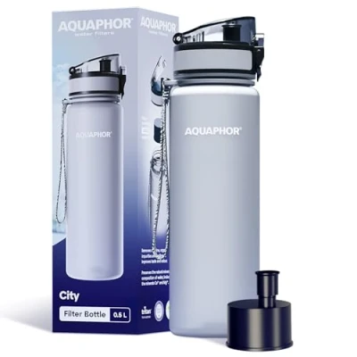 Imagen de AQUAPHOR City Bottle 500ml gris I botella filtrante para llevar filtro con carbono activo filtra cloro y contaminaciones hecho de tritan libre BPA un mejor sabor olor del agua