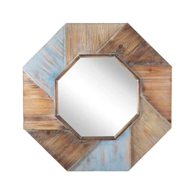 Imagen de Beliani Espejo de Pared Madera Oscura con Marco Maciza Octogonal Azul 77 x cm Hecho a Mano Decorativo rústico Mirio