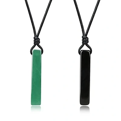 Imagen de COAI Collar para la Pareja de Novios con Colgante Barra Rectangular Aventurina y Obsidiana Piedras Naturales Encaje Cuero