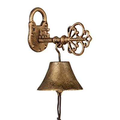 Imagen de Relaxdays Gusseisen Türglocke Schlüssel in Gold Campana Pared Llave Hierro Fundido, Estilo Envejecido, Jardín, Cuerda, Exterior, Puerta Principal, Dorado, 20 x 11,5 18 cm Aprox