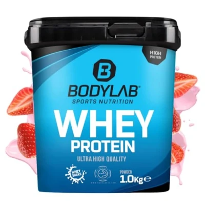 Imagen de Bodylab24 Whey Protein Powder Fresa 1kg, polvo rico en proteína para músculos más fuertes, la de suero puede promover construcción músculo, con 80% proteína, sin aspartamo