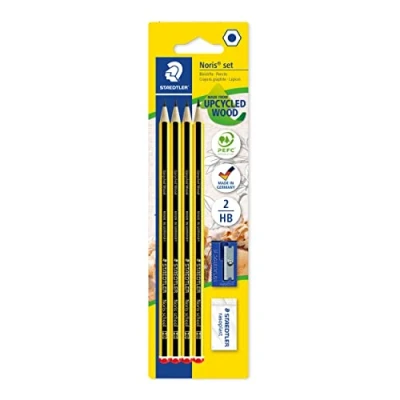 Imagen de STAEDTLER 121S1 BK4D Noris School Lápices de grafito HB Degree (paquete 4 lápices, sacapuntas + borrador), color negro