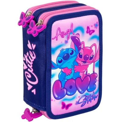 Imagen de Clondo Estuche Escolar Triple para Niña, Stitch Fan, Rosa, Bolígrafos de Gel borrables, Rotuladores, Lápices, Tijeras, Pegamento, Compartimentos con Cremallera