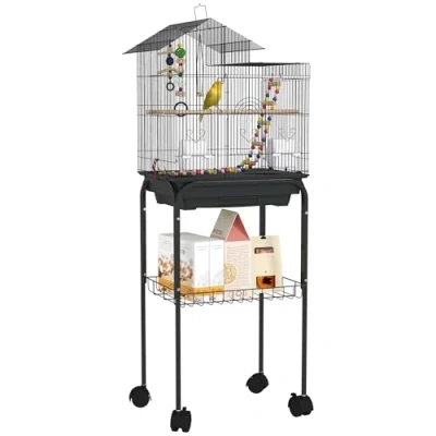 Imagen de PawHut Jaula para Pájaros con Ruedas Pajarera Cesta Múltiples Puertas 2 Comederos Perchas Columpio Escaleras y Bandeja Extraíble Loros Canarios Periquitos 46x36x120 cm Negro
