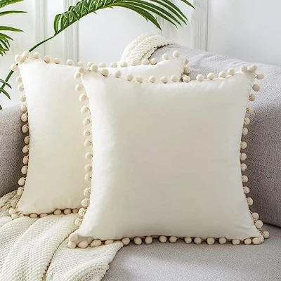 Imagen de Topfinel Juego de 2 Cojines Fundas Terciopelo Decorativa Hogar Almohadas con Pelota Color Sólido para Cama Sofás Sala Estar Dormitorio Estudio Jardín Coche 40x40cm Cream…
