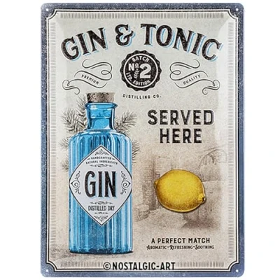 Imagen de Nostalgic Art Open Bar Gin &amp; Tonic Served Here Idea de regalo para fans cóctel, cartel chapa retro, metal, decoración vintage, 30 x 40 cm