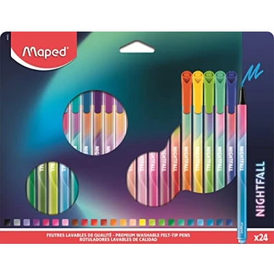 Imagen de MAPED Rotuladores de Colores para Niños Nightfall 24 Punta Media Gran Precisión Tinta Lavable Agarre Triangular Mayor Comodidad Larga Duración