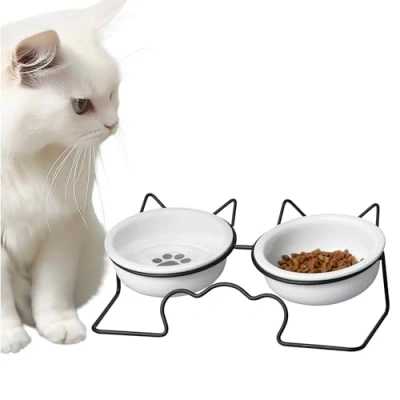 Imagen de Navaris Comedero y Bebedero para Gatos 2X Bol Elevado a 30 cm Mascotas Comederos de cerámica 350 ml Boles con Soporte Orejas Apto lavavajillas microondas