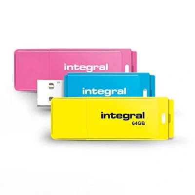 Imagen de Integral 64GB Neon USB 2.0 Flash Drive Paquete de 3 (Rosa/Azul/Amarillo)