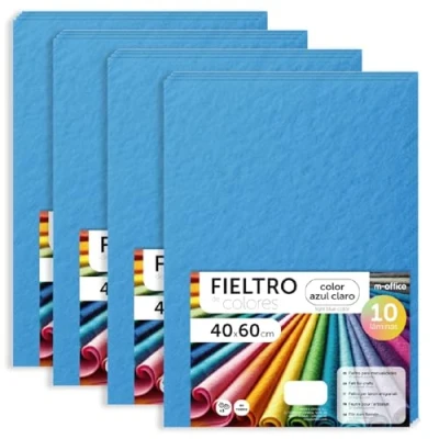 Imagen de m office Fieltro para Manualidades, de Colores, Suave y Flexible, Material Costura, Telas Patchwork, Ideal proyectos DIY, artesanía o decoración, 40x60cm (azul claro, 40 uds)