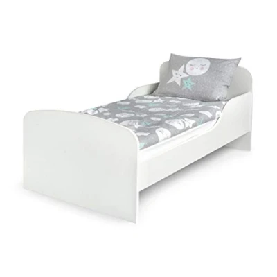 Imagen de Leomark Cama Infantil Completa de Madera Blanco Marco Cama, Colchón, Somier, Muebles para Niños, Moderno Dormitorio, Impresa Mobiliario, Espacio Dormir: 140/70 cm