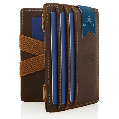 Imagen de WEST Cartera Hombre con Monedero y Empaque para Regalo Tarjetero RFID Compacto Hombres Magica Banda Resistente Dinero Antirrobo (Marrón Naranja)