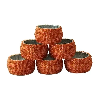 Imagen de Ajuny Servilletero Servilleteros decorativos redondos hechos a mano con cuentas para decoración de mesa comedor, boda, fiesta, cena, juego 6, naranja