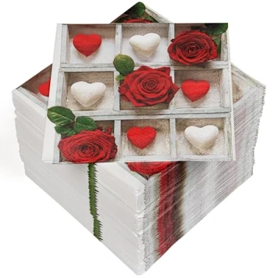 Imagen de HEKU 100 servilletas, 3 capas, 33 x cm, rosas y corazones, absorbentes prácticas, fabricadas en Europa, ideales para ocasiones especiales