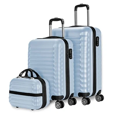 Imagen de NUMADA Juego de Maletas Rígidas 3pzs. Maleta Cabina 53cm, Mediana 63cm y Neceser. Set Viaje ABS Eco Friendly, 4 Ruedas Dobles, Resistentes, Ligeras Seguras (Azul)