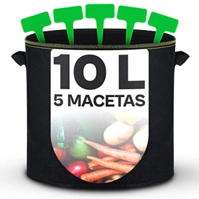 Imagen de Bolsa de Cultivo para Plantas 10L 5 Bolsas Plantar Tela no Tejida con Etiquetas Asa Maceta Geotextil hierbas, flores, fresa