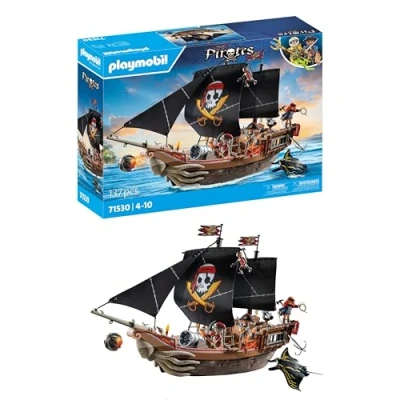 Imagen de PLAYMOBIL Pirates 71530 Gran Barco Pirata, emocionante Batalla Naval y búsqueda Secreta de Tesoros en Alta mar, Incluyendo cañones, proyectiles Ancla, Juguetes para niños a Partir 4 años