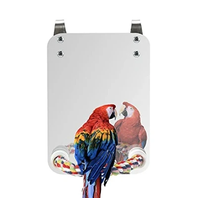 Imagen de iFCOW Espejo para pájaros con percha de cuerda, loros, pájaros, acrílico, juguete grises amazonas, periquitos, cacatúas, tortolitos